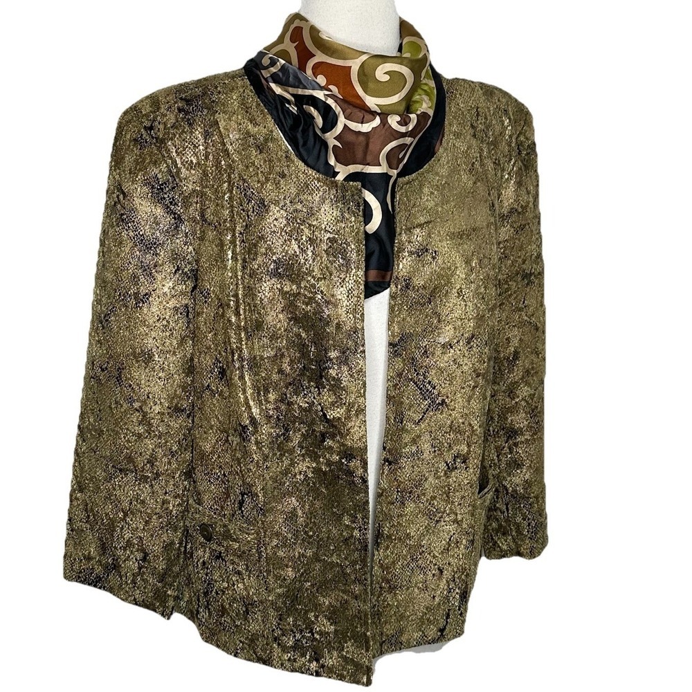 Dressbarn XL Metallic Snake Print Collarless Open Front Jacket Black Gold Green